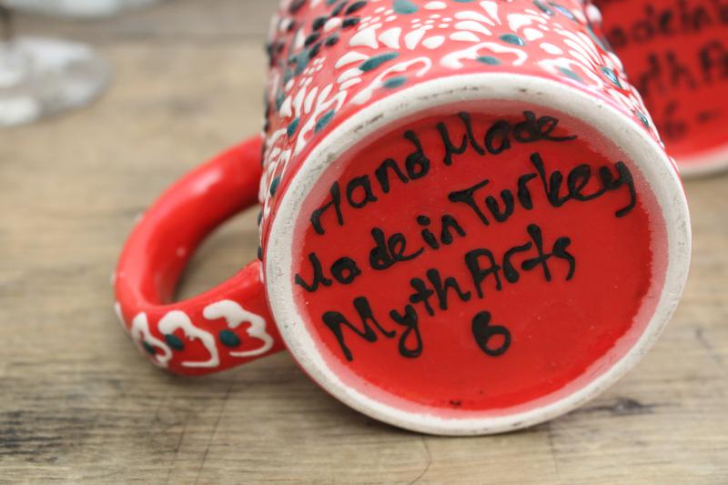 Myth Arts Turkey red ceramic coffee cups, hand painted mugs Turkish pottery