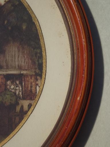 N C Wyeth era cottage scene prints, vintage round framed pictures set