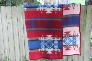 Navajo label Indian camp bed blanket, vintage wool blanket w/ felt binding red & blue