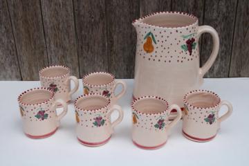 Neiman Marcus vintage Italian pottery pitcher & matching mugs set, hand painted