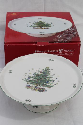 Nikko Happy Holidays china pedestal cake plate, Christmas tree pattern cake stand