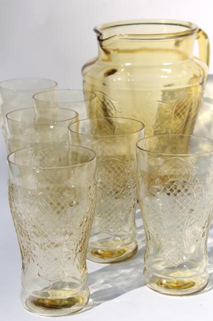 Normandie vintage amber yellow depression glass lemonade set, pitcher and glasses