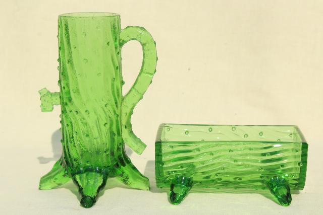 Northwood old well pump & trough pattern pressed glass, green glass vase & planter