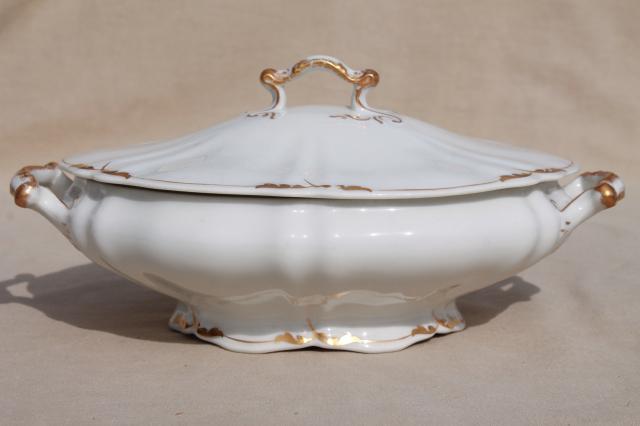 O P Co Syracuse China, vintage covered bowl tureen & large turkey platter, white w/ gold