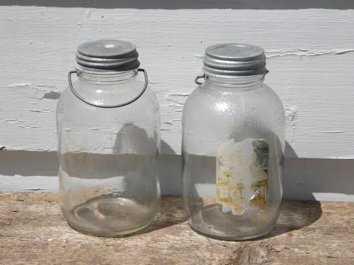 Old 2 qt glass honey jars w/wire handles for pantry storage, original label