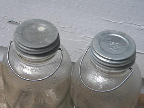 Old 2 qt glass honey jars w/wire handles for pantry storage, original label