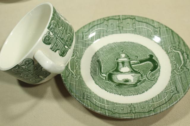 Old Curiosity Shop green transferware, cups & saucers vintage Royal china dinnerware