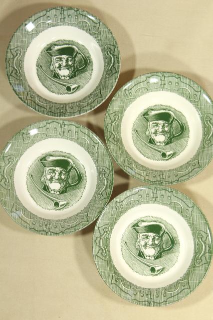 Old Curiosity Shop green transferware, vintage Royal china dinnerware, fruit bowls