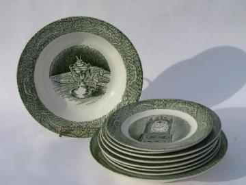 Old Curiosity Shop pattern china, vintage Royal transferware soup bowls, plates