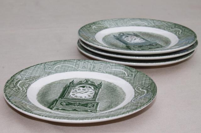 Old Curiosity Shop set of 4 clock print bread plates, vintage Royal china green transferware