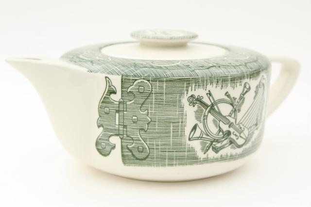 Old Curiosity Shop teapot, vintage USA Royal china tea pot green & white