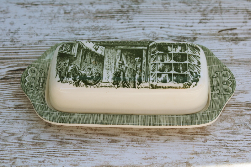 Old Curiosity Shop vintage green transferware china covered butter dish