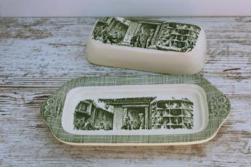 Old Curiosity Shop vintage green transferware china covered butter dish