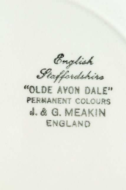 Olde Avon Dale transferware china, vintage J & G Meakin English Staffordshire dinner plates