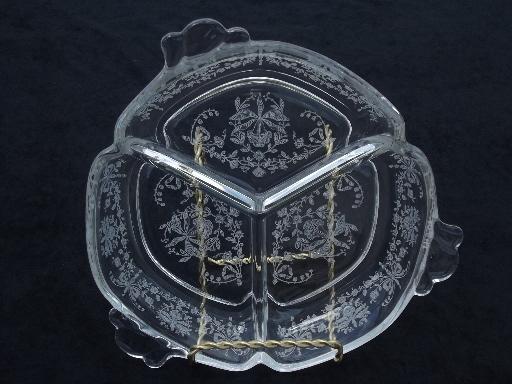 Orchid etch vintage Heisey Queen Anne glass bowl, divided relish dish