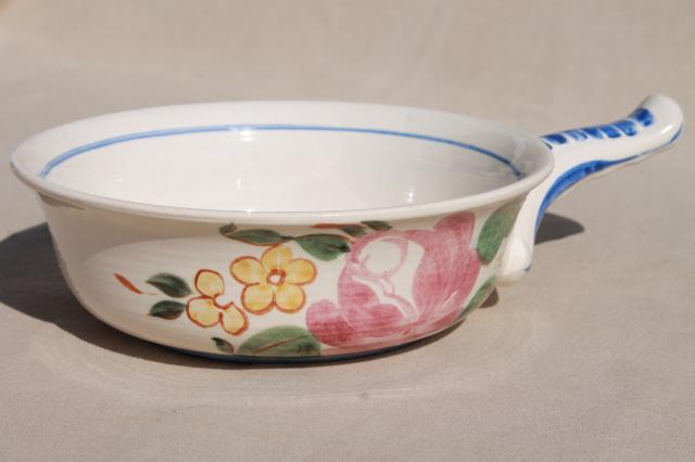 Orleans Red Wing pottery casserole dish, stick handle bowl w/ hand painted floral