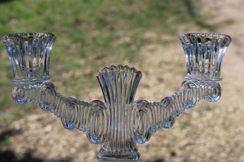 Paden City etched glass double light candle holders, pair vintage crystal clear glass candelabra