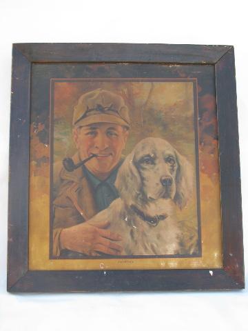 Pal O' Mine, 1920s - 30s vintage man w/ pipe & spaniel dog, old wood framed print