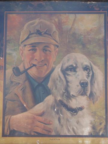Pal O' Mine, 1920s - 30s vintage man w/ pipe & spaniel dog, old wood framed print