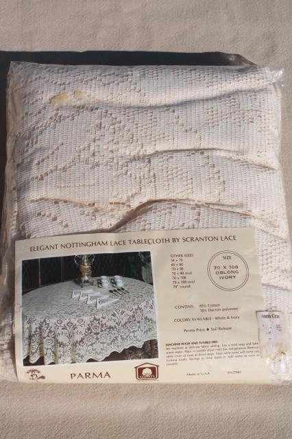 Parma Nottingham lace tablecloth, mint in package Scranton lace ivory 70 x 108