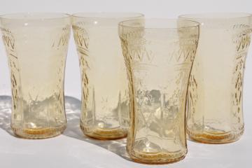 Patrician pattern vintage amber yellow depression glass tumblers, set of four