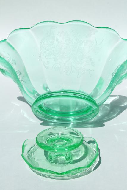 Peacock & Rose art deco vintage vaseline green uranium glass candle flower bowl set