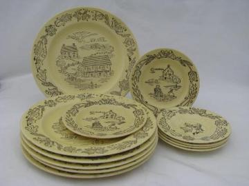 Pennsylvania Dutch folk art dinner plates, vintage Bucks County pattern Royal china