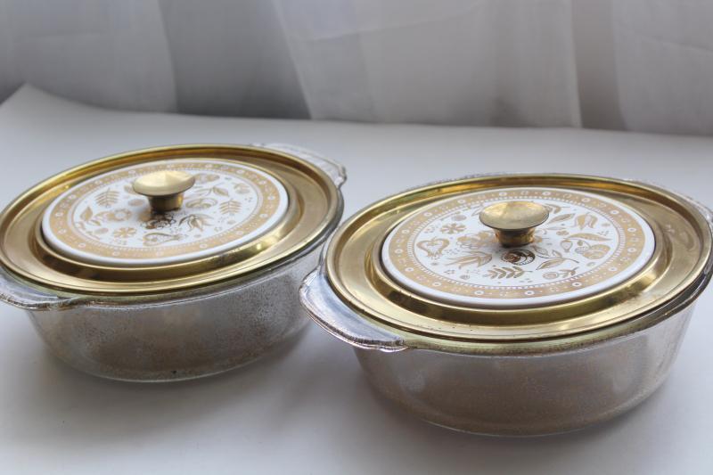 Persian Garden Georges Briard gold decorated Fire King casserole dishes, mid-century vintage