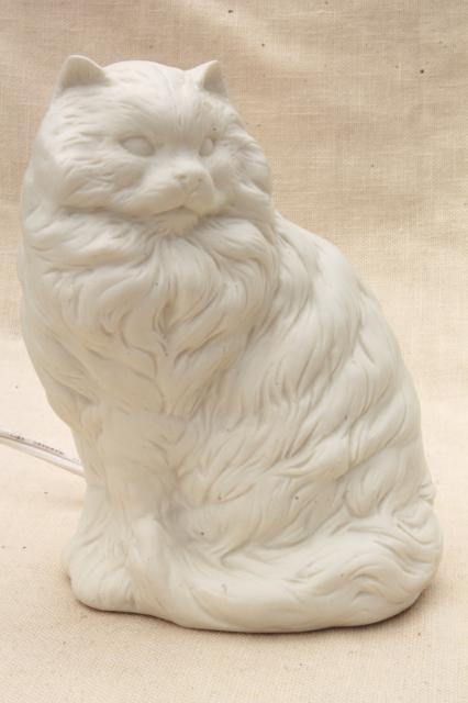 Persian cat pure white bisque china nightlight, 80s vintage Enesco label