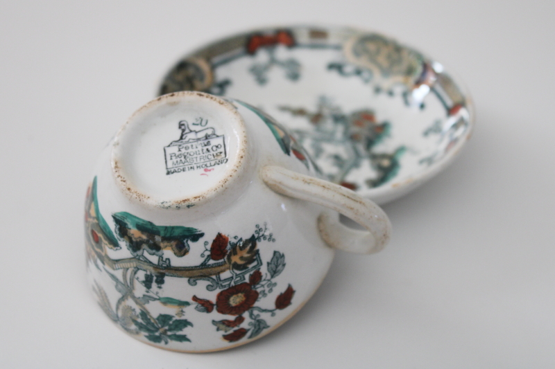 Petrus Regout vintage transferware cup  saucer, Chinese export style chinoiserie Pekin red  green