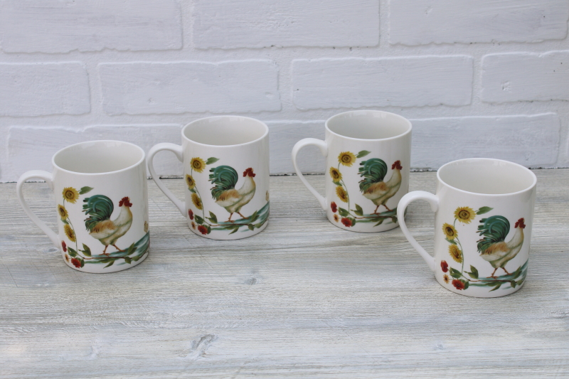 Pfaltzgraff Rooster Meadow mugs, farmhouse country morning coffee cups set of 4