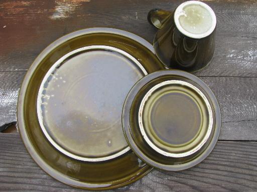 Pfaltzgraff copper green drip stoneware pottery plates, cups and saucers