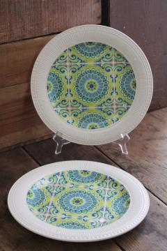 Pier 1 Atlas ironstone china dinner plates never used, tile pattern in lime green  blue