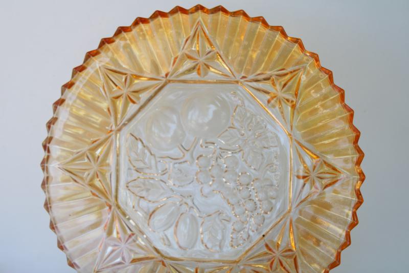 Pioneer fruit pattern vintage pressed glass plate & bowls w/ iridescent marigold color