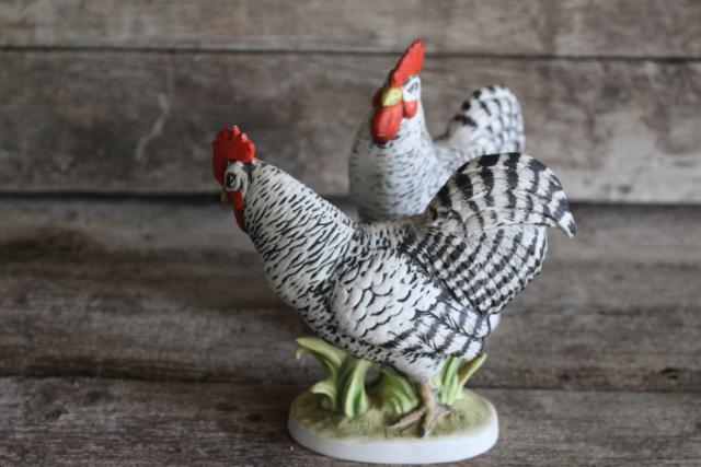 Plymouth barred rock rooster figurines, vintage Lefton china chickens