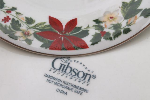 Poinsettia Holiday Gibson china Christmas dishes set for 6 w/ glass tumblers, matching flatware