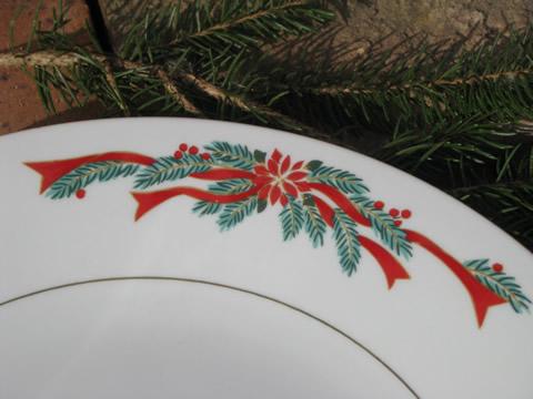 Poinsettia ribbon Christmas holiday dishes for 10, Tienshan china