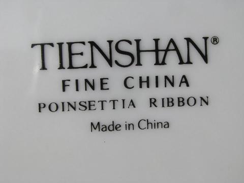 Poinsettia ribbon Christmas holiday dishes for 10, Tienshan china