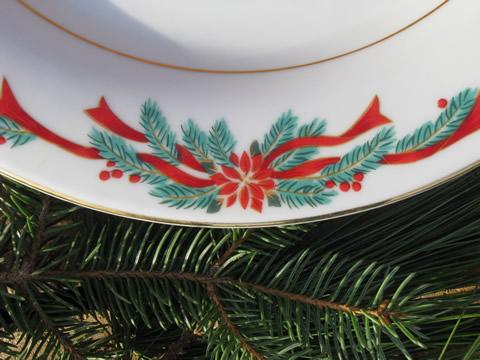 Poinsettia ribbon Christmas holiday dishes for 4, Tienshan china