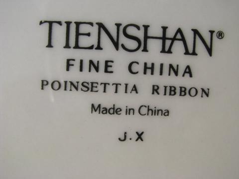 Poinsettia ribbon Christmas holiday dishes for 4, Tienshan china