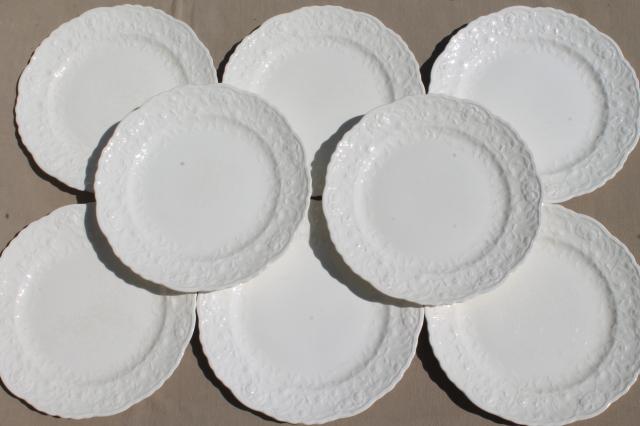 Pope Gosser Rose Point vintage embossed floral border china plates, plain antique white creamware