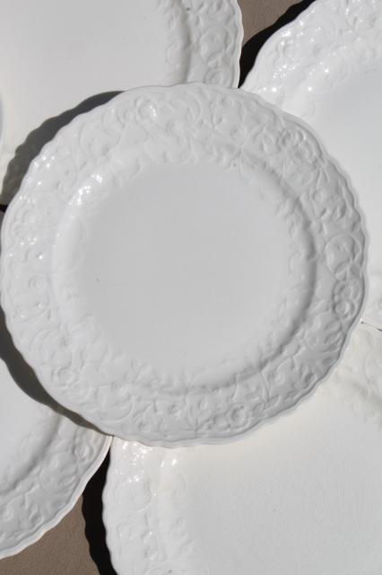 Pope Gosser Rose Point vintage embossed floral border china plates, plain antique white creamware