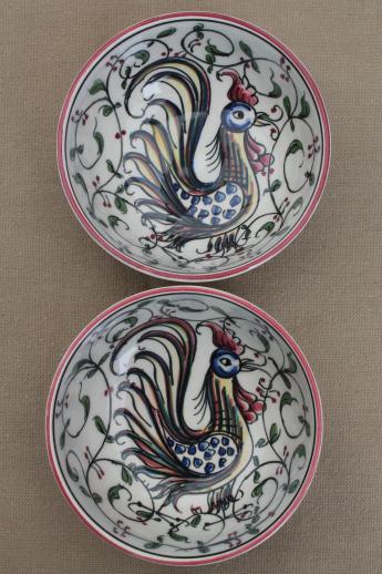 Portugal hand-painted pottery bowls & candle holders w/ folk art roosters