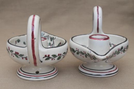 Portugal hand-painted pottery bowls & candle holders w/ folk art roosters