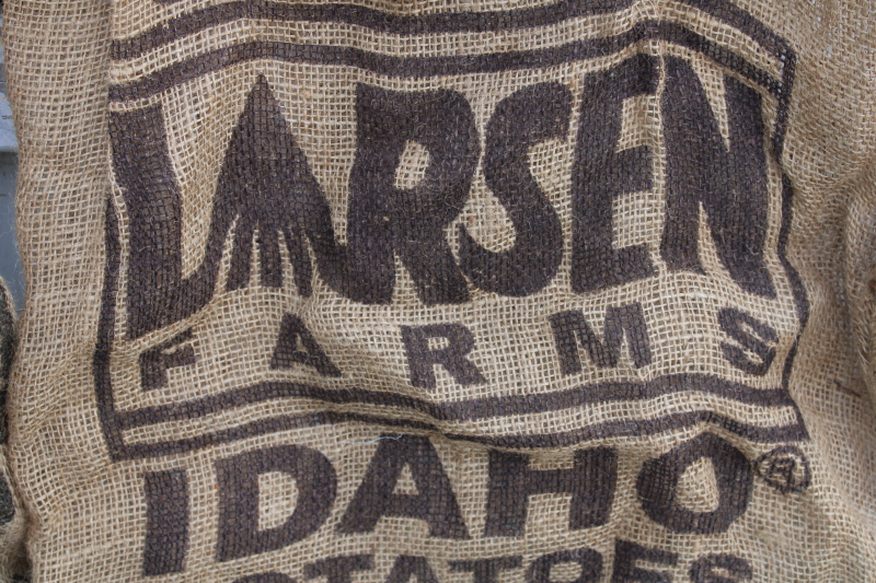 Primitive vintage burlap bags, old Idaho potato sacks w/ retro graphics