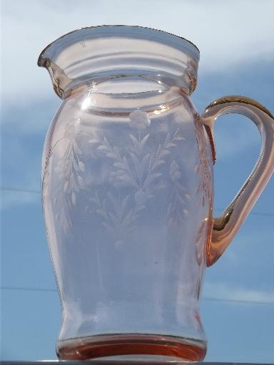 Princess House vintage pink crystal etched floral glass lemonade pitcher