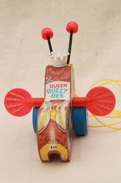 Queen Buzzy Bee 1960s vintage Fisher Price wood pull toy, cute display decor Queen Bee
