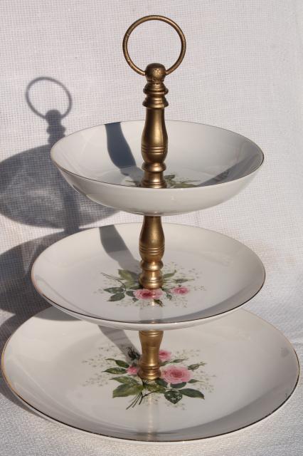 Queen's Rose vintage Royal china tiered plate cake stand, pink roses & baby's breath