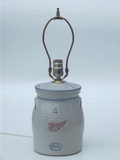 Red Wing stoneware crock jar lamp, vintage country primitive table lamp
