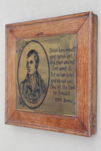Robert Burns Selkirk Grace bronze plaque, engraved brass in old oak frame